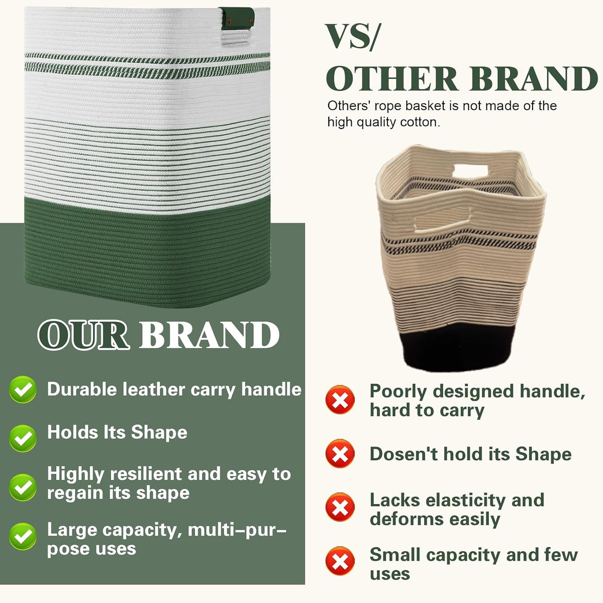 Laundry Hamper, 95L Tall Laundry Basket with Leather Handles, Rectangle Large Clothes Hamper for Organizing, Cotton Woven Laundry Baskets Storage Hampers for Bedroom, Nursery, Living Room