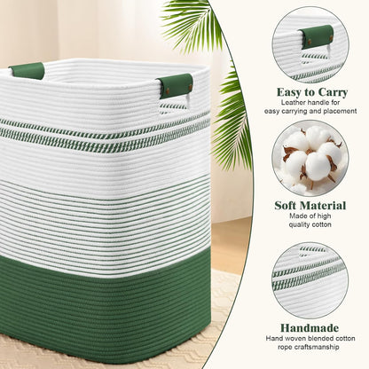 Laundry Hamper, 95L Tall Laundry Basket with Leather Handles, Rectangle Large Clothes Hamper for Organizing, Cotton Woven Laundry Baskets Storage Hampers for Bedroom, Nursery, Living Room
