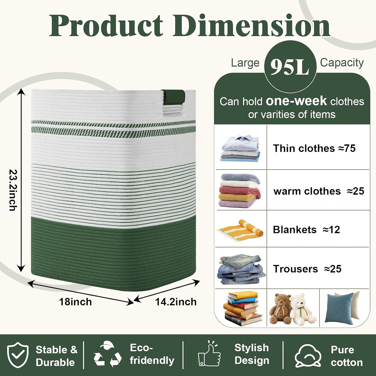 Laundry Hamper, 95L Tall Laundry Basket with Leather Handles, Rectangle Large Clothes Hamper for Organizing, Cotton Woven Laundry Baskets Storage Hampers for Bedroom, Nursery, Living Room