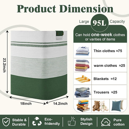 Laundry Hamper, 95L Tall Laundry Basket with Leather Handles, Rectangle Large Clothes Hamper for Organizing, Cotton Woven Laundry Baskets Storage Hampers for Bedroom, Nursery, Living Room