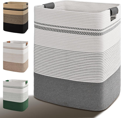 Laundry Hamper, 95L Tall Laundry Basket with Leather Handles, Rectangle Large Clothes Hamper for Organizing, Cotton Woven Laundry Baskets Storage Hampers for Bedroom, Nursery, Living Room