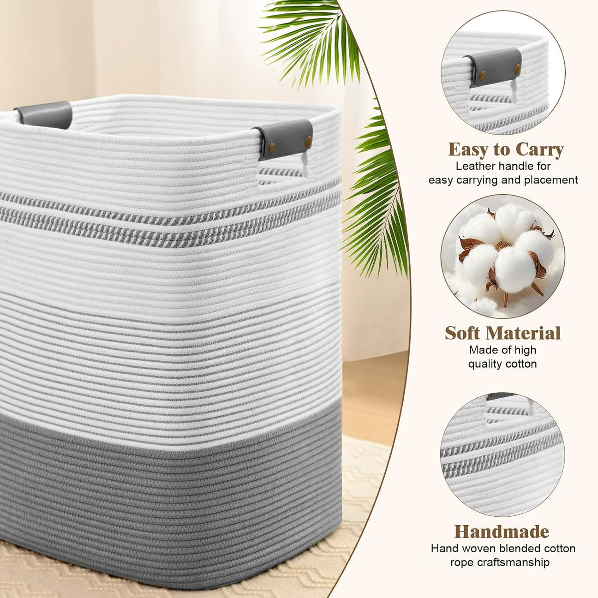 Laundry Hamper, 95L Tall Laundry Basket with Leather Handles, Rectangle Large Clothes Hamper for Organizing, Cotton Woven Laundry Baskets Storage Hampers for Bedroom, Nursery, Living Room