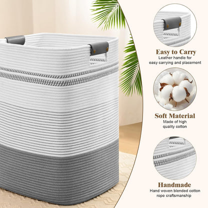 Laundry Hamper, 95L Tall Laundry Basket with Leather Handles, Rectangle Large Clothes Hamper for Organizing, Cotton Woven Laundry Baskets Storage Hampers for Bedroom, Nursery, Living Room