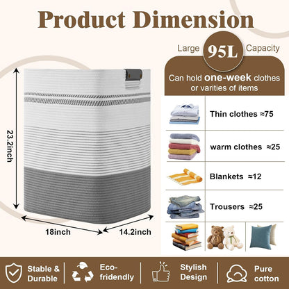 Laundry Hamper, 95L Tall Laundry Basket with Leather Handles, Rectangle Large Clothes Hamper for Organizing, Cotton Woven Laundry Baskets Storage Hampers for Bedroom, Nursery, Living Room