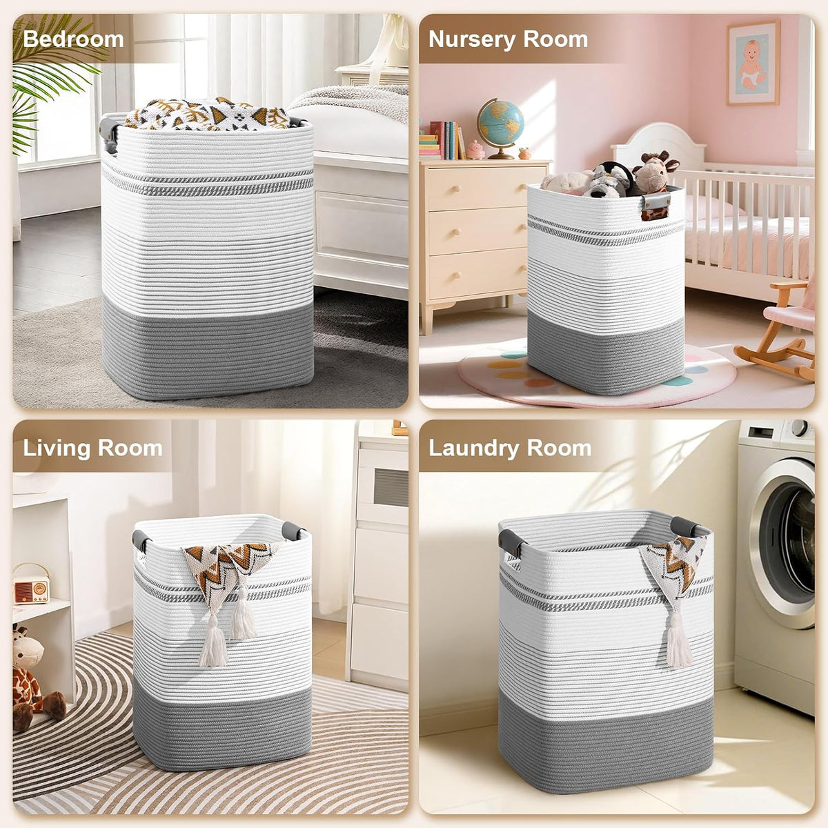Laundry Hamper, 95L Tall Laundry Basket with Leather Handles, Rectangle Large Clothes Hamper for Organizing, Cotton Woven Laundry Baskets Storage Hampers for Bedroom, Nursery, Living Room