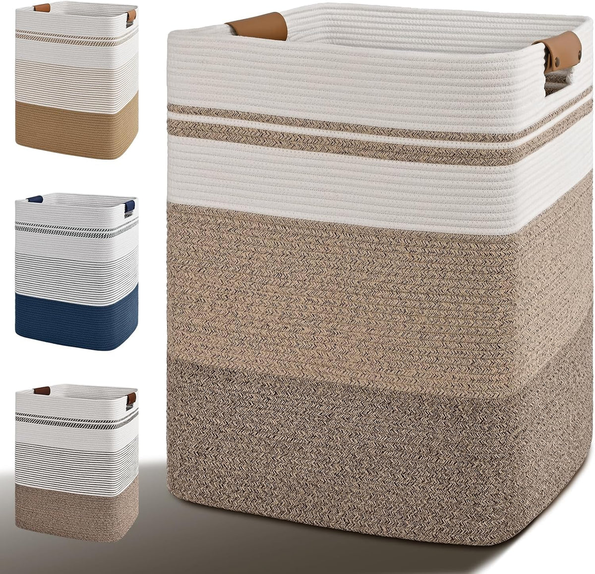 Laundry Hamper, 95L Tall Laundry Basket with Leather Handles, Rectangle Large Clothes Hamper for Organizing, Cotton Woven Laundry Baskets Storage Hampers for Bedroom, Nursery, Living Room