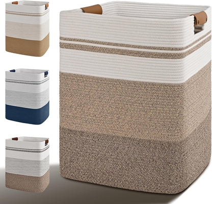 Laundry Hamper, 95L Tall Laundry Basket with Leather Handles, Rectangle Large Clothes Hamper for Organizing, Cotton Woven Laundry Baskets Storage Hampers for Bedroom, Nursery, Living Room