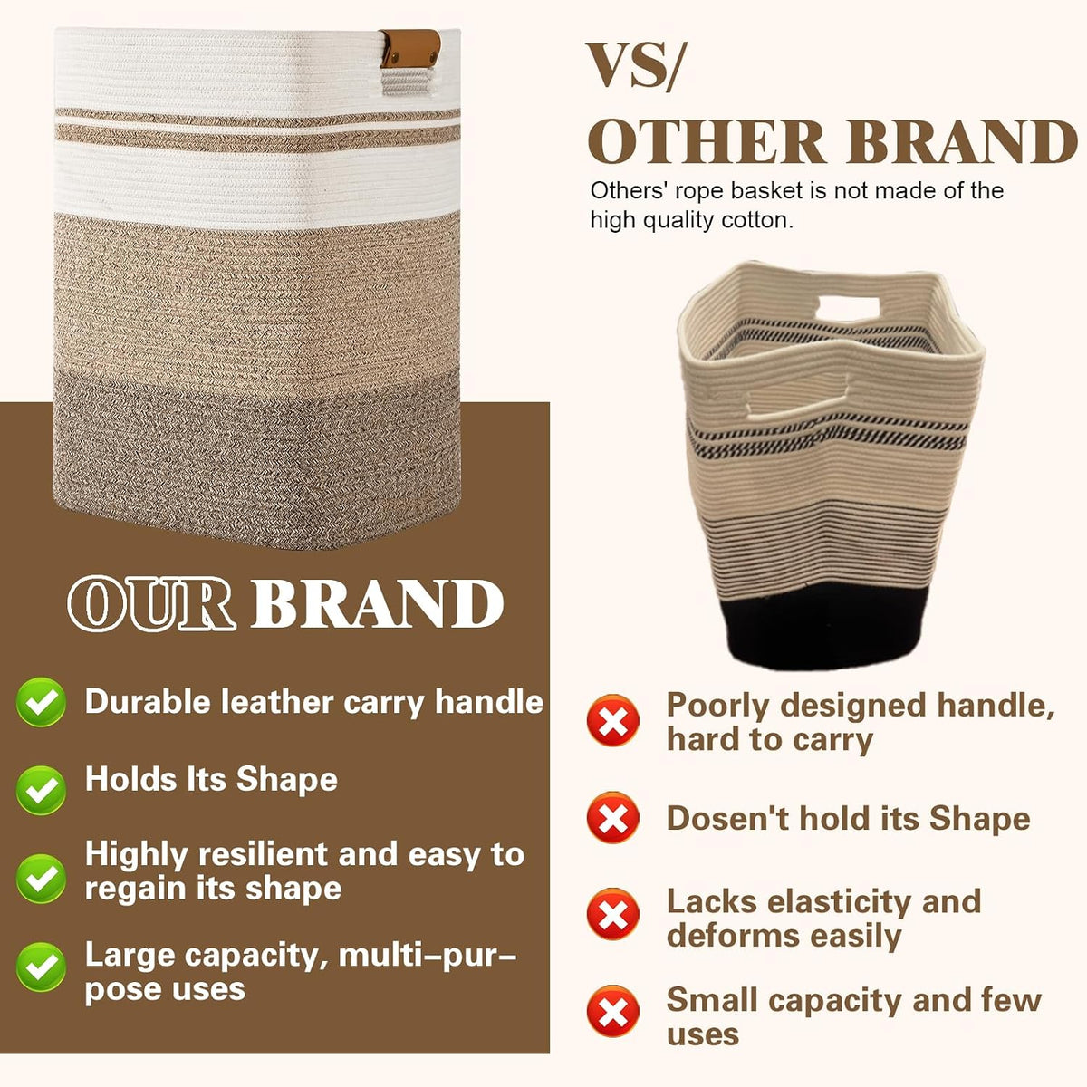 Laundry Hamper, 95L Tall Laundry Basket with Leather Handles, Rectangle Large Clothes Hamper for Organizing, Cotton Woven Laundry Baskets Storage Hampers for Bedroom, Nursery, Living Room