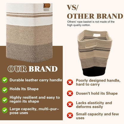 Laundry Hamper, 95L Tall Laundry Basket with Leather Handles, Rectangle Large Clothes Hamper for Organizing, Cotton Woven Laundry Baskets Storage Hampers for Bedroom, Nursery, Living Room