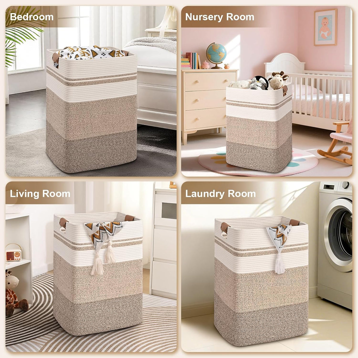 Laundry Hamper, 95L Tall Laundry Basket with Leather Handles, Rectangle Large Clothes Hamper for Organizing, Cotton Woven Laundry Baskets Storage Hampers for Bedroom, Nursery, Living Room