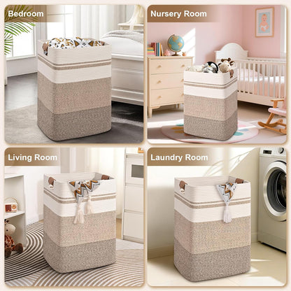 Laundry Hamper, 95L Tall Laundry Basket with Leather Handles, Rectangle Large Clothes Hamper for Organizing, Cotton Woven Laundry Baskets Storage Hampers for Bedroom, Nursery, Living Room