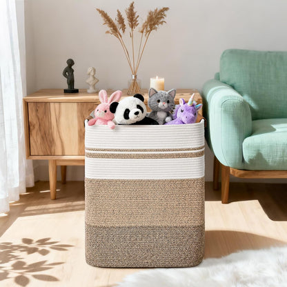 Laundry Hamper, 95L Tall Laundry Basket with Leather Handles, Rectangle Large Clothes Hamper for Organizing, Cotton Woven Laundry Baskets Storage Hampers for Bedroom, Nursery, Living Room
