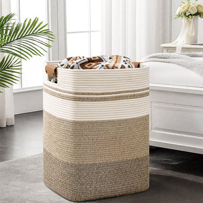 Laundry Hamper, 95L Tall Laundry Basket with Leather Handles, Rectangle Large Clothes Hamper for Organizing, Cotton Woven Laundry Baskets Storage Hampers for Bedroom, Nursery, Living Room