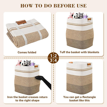 Laundry Hamper, 95L Tall Laundry Basket with Leather Handles, Rectangle Large Clothes Hamper for Organizing, Cotton Woven Laundry Baskets Storage Hampers for Bedroom, Nursery, Living Room