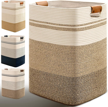 Laundry Hamper, 95L Tall Laundry Basket with Leather Handles, Rectangle Large Clothes Hamper for Organizing, Cotton Woven Laundry Baskets Storage Hampers for Bedroom, Nursery, Living Room