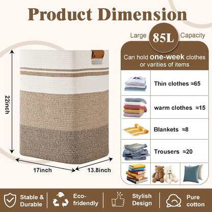 Laundry Hamper, 95L Tall Laundry Basket with Leather Handles, Rectangle Large Clothes Hamper for Organizing, Cotton Woven Laundry Baskets Storage Hampers for Bedroom, Nursery, Living Room