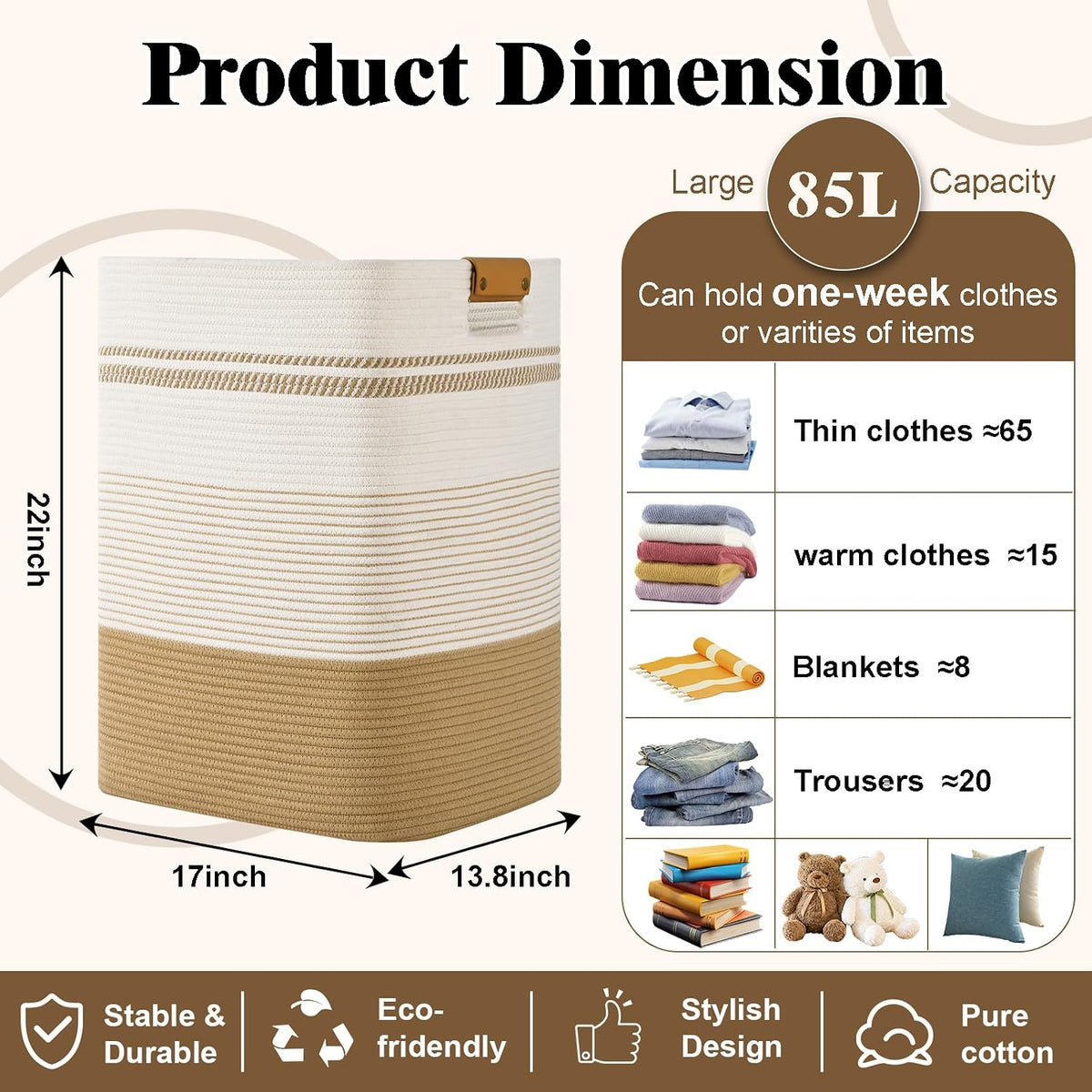 Laundry Hamper, 95L Tall Laundry Basket with Leather Handles, Rectangle Large Clothes Hamper for Organizing, Cotton Woven Laundry Baskets Storage Hampers for Bedroom, Nursery, Living Room