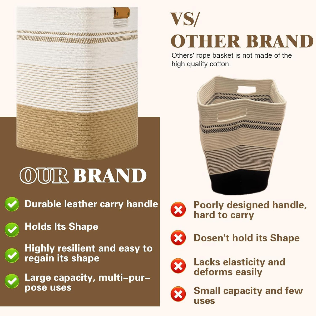 Laundry Hamper, 95L Tall Laundry Basket with Leather Handles, Rectangle Large Clothes Hamper for Organizing, Cotton Woven Laundry Baskets Storage Hampers for Bedroom, Nursery, Living Room