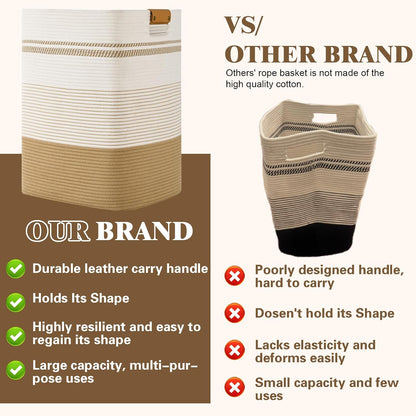 Laundry Hamper, 95L Tall Laundry Basket with Leather Handles, Rectangle Large Clothes Hamper for Organizing, Cotton Woven Laundry Baskets Storage Hampers for Bedroom, Nursery, Living Room