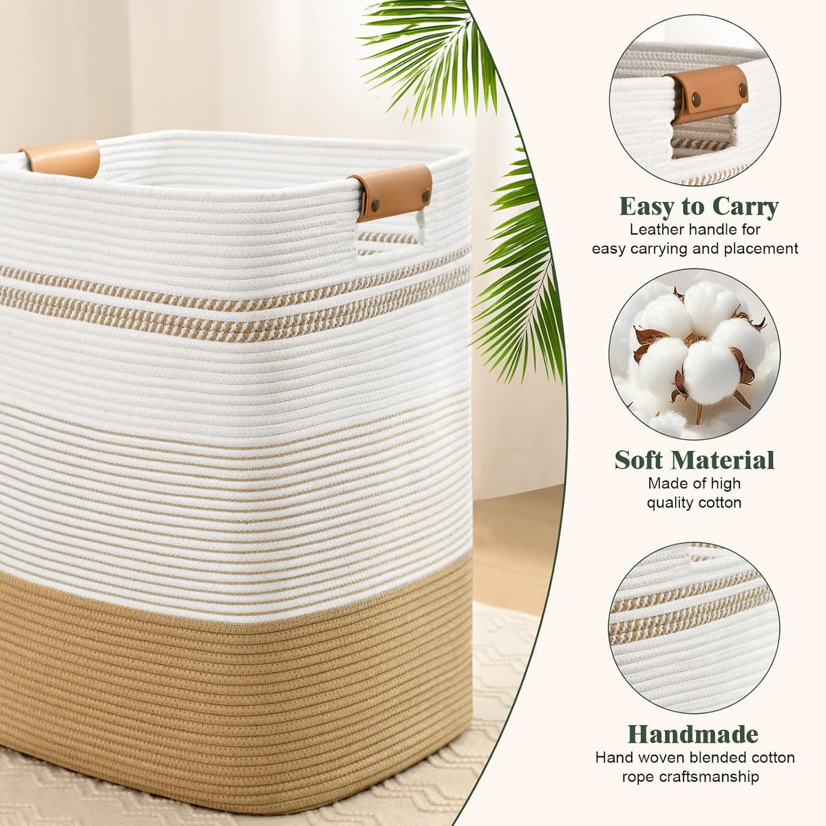 Laundry Hamper, 95L Tall Laundry Basket with Leather Handles, Rectangle Large Clothes Hamper for Organizing, Cotton Woven Laundry Baskets Storage Hampers for Bedroom, Nursery, Living Room