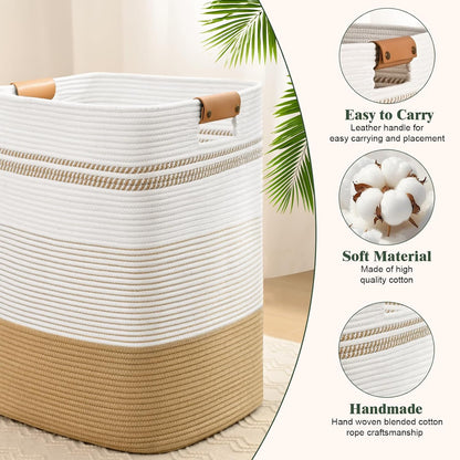 Laundry Hamper, 95L Tall Laundry Basket with Leather Handles, Rectangle Large Clothes Hamper for Organizing, Cotton Woven Laundry Baskets Storage Hampers for Bedroom, Nursery, Living Room
