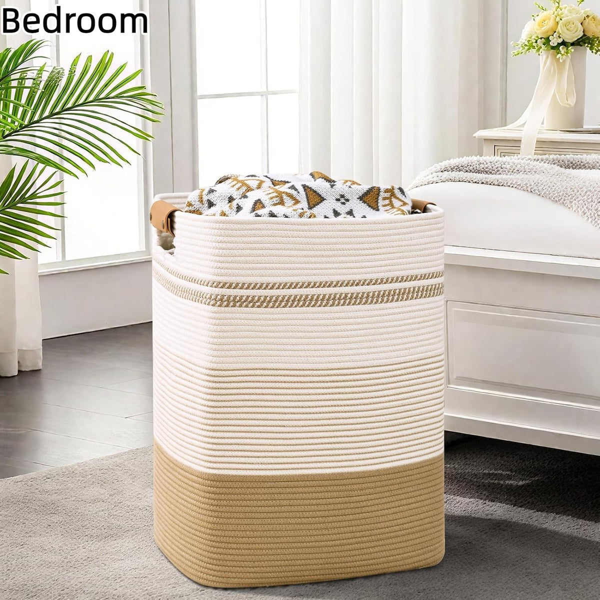 Laundry Hamper, 95L Tall Laundry Basket with Leather Handles, Rectangle Large Clothes Hamper for Organizing, Cotton Woven Laundry Baskets Storage Hampers for Bedroom, Nursery, Living Room