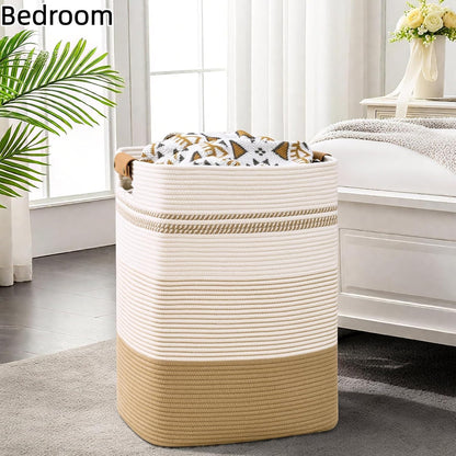 Laundry Hamper, 95L Tall Laundry Basket with Leather Handles, Rectangle Large Clothes Hamper for Organizing, Cotton Woven Laundry Baskets Storage Hampers for Bedroom, Nursery, Living Room