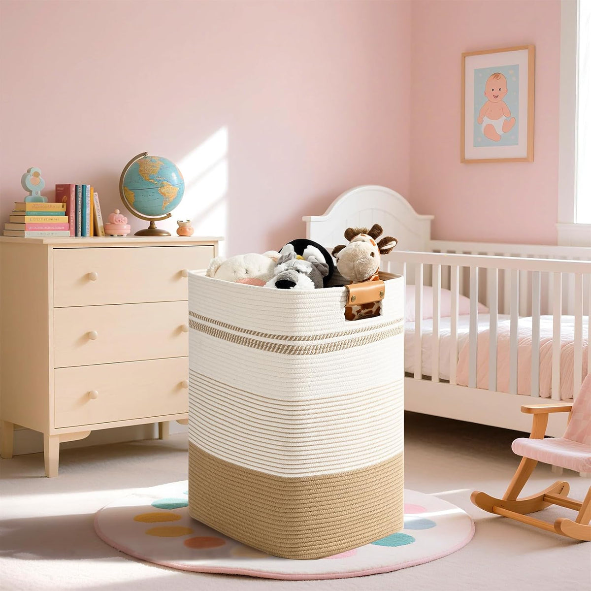 Laundry Hamper, 95L Tall Laundry Basket with Leather Handles, Rectangle Large Clothes Hamper for Organizing, Cotton Woven Laundry Baskets Storage Hampers for Bedroom, Nursery, Living Room