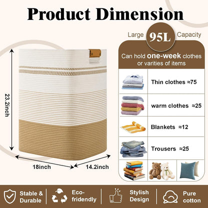 Laundry Hamper, 95L Tall Laundry Basket with Leather Handles, Rectangle Large Clothes Hamper for Organizing, Cotton Woven Laundry Baskets Storage Hampers for Bedroom, Nursery, Living Room
