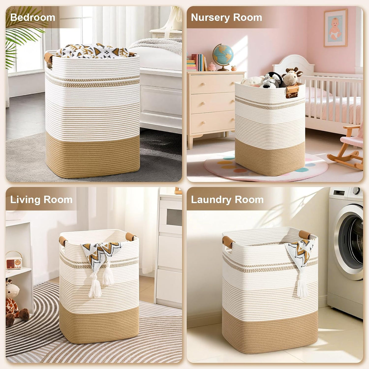Laundry Hamper, 95L Tall Laundry Basket with Leather Handles, Rectangle Large Clothes Hamper for Organizing, Cotton Woven Laundry Baskets Storage Hampers for Bedroom, Nursery, Living Room
