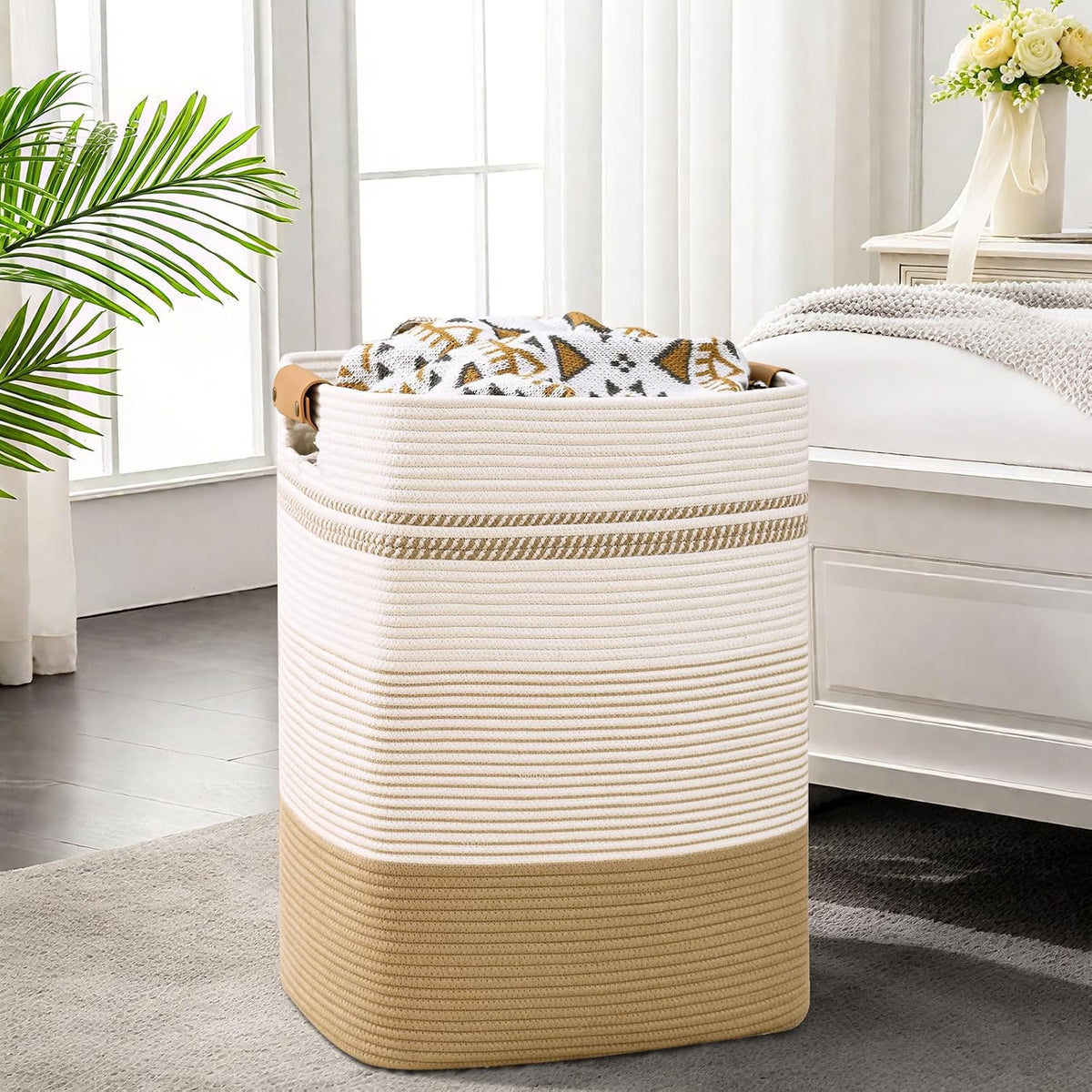 Laundry Hamper, 95L Tall Laundry Basket with Leather Handles, Rectangle Large Clothes Hamper for Organizing, Cotton Woven Laundry Baskets Storage Hampers for Bedroom, Nursery, Living Room