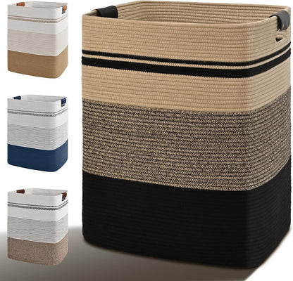 Laundry Hamper, 95L Tall Laundry Basket with Leather Handles, Rectangle Large Clothes Hamper for Organizing, Cotton Woven Laundry Baskets Storage Hampers for Bedroom, Nursery, Living Room