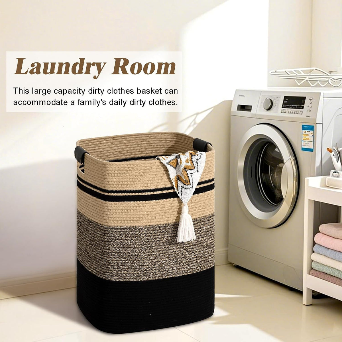 Laundry Hamper, 95L Tall Laundry Basket with Leather Handles, Rectangle Large Clothes Hamper for Organizing, Cotton Woven Laundry Baskets Storage Hampers for Bedroom, Nursery, Living Room