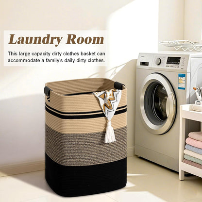 Laundry Hamper, 95L Tall Laundry Basket with Leather Handles, Rectangle Large Clothes Hamper for Organizing, Cotton Woven Laundry Baskets Storage Hampers for Bedroom, Nursery, Living Room