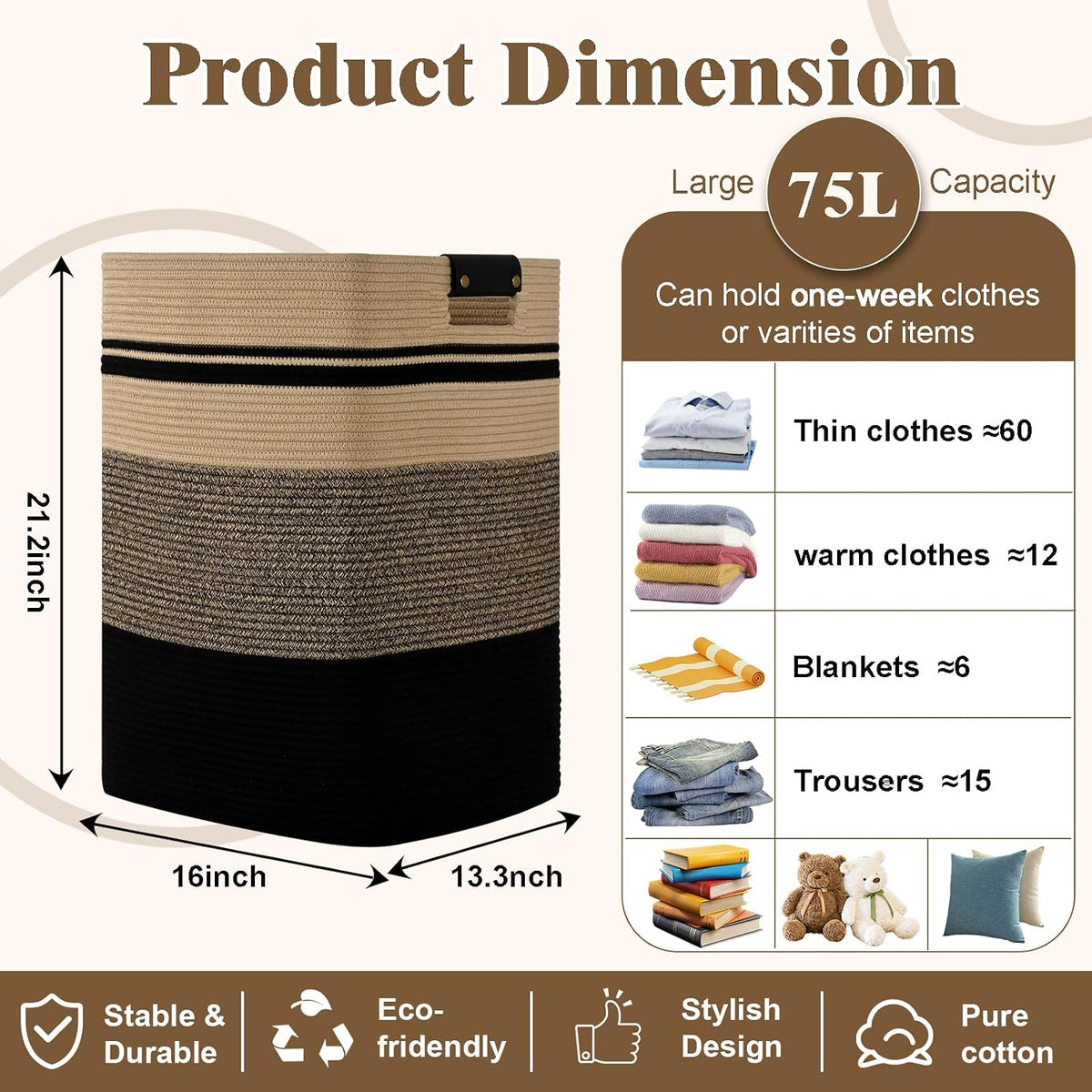 Laundry Hamper, 95L Tall Laundry Basket with Leather Handles, Rectangle Large Clothes Hamper for Organizing, Cotton Woven Laundry Baskets Storage Hampers for Bedroom, Nursery, Living Room
