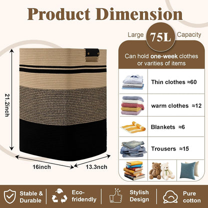 Laundry Hamper, 95L Tall Laundry Basket with Leather Handles, Rectangle Large Clothes Hamper for Organizing, Cotton Woven Laundry Baskets Storage Hampers for Bedroom, Nursery, Living Room
