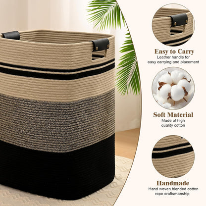 Laundry Hamper, 95L Tall Laundry Basket with Leather Handles, Rectangle Large Clothes Hamper for Organizing, Cotton Woven Laundry Baskets Storage Hampers for Bedroom, Nursery, Living Room