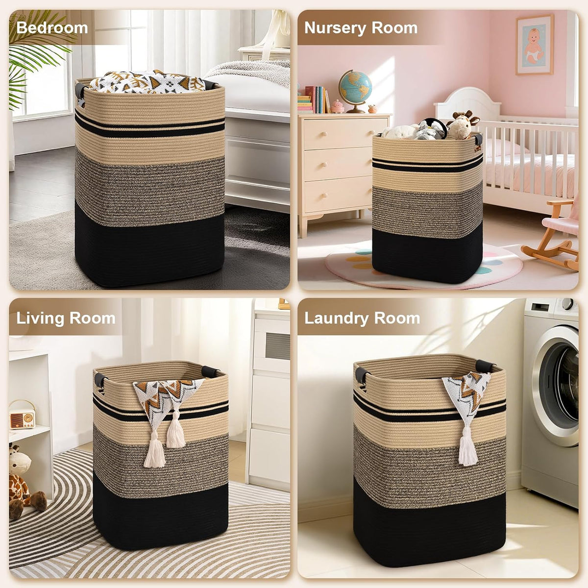Laundry Hamper, 95L Tall Laundry Basket with Leather Handles, Rectangle Large Clothes Hamper for Organizing, Cotton Woven Laundry Baskets Storage Hampers for Bedroom, Nursery, Living Room