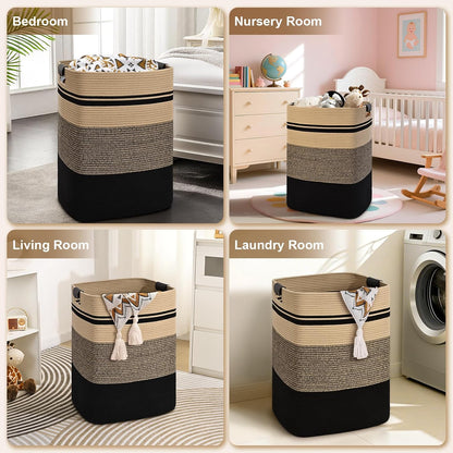 Laundry Hamper, 95L Tall Laundry Basket with Leather Handles, Rectangle Large Clothes Hamper for Organizing, Cotton Woven Laundry Baskets Storage Hampers for Bedroom, Nursery, Living Room
