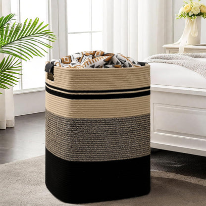 Laundry Hamper, 95L Tall Laundry Basket with Leather Handles, Rectangle Large Clothes Hamper for Organizing, Cotton Woven Laundry Baskets Storage Hampers for Bedroom, Nursery, Living Room