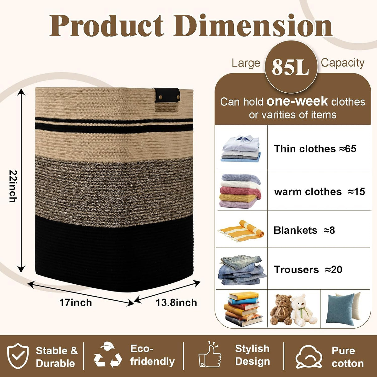 Laundry Hamper, 95L Tall Laundry Basket with Leather Handles, Rectangle Large Clothes Hamper for Organizing, Cotton Woven Laundry Baskets Storage Hampers for Bedroom, Nursery, Living Room