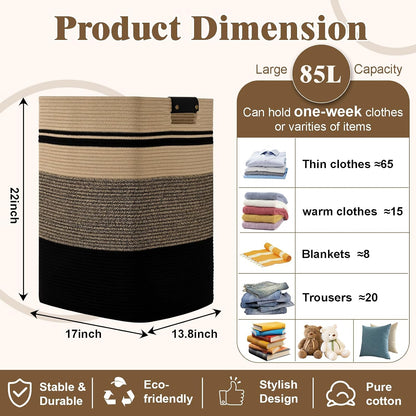 Laundry Hamper, 95L Tall Laundry Basket with Leather Handles, Rectangle Large Clothes Hamper for Organizing, Cotton Woven Laundry Baskets Storage Hampers for Bedroom, Nursery, Living Room