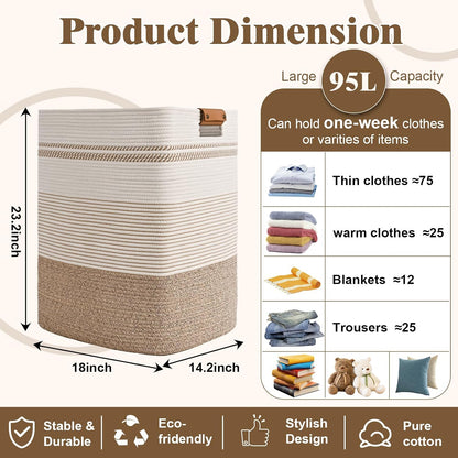 Laundry Hamper, 95L Tall Laundry Basket with Leather Handles, Rectangle Large Clothes Hamper for Organizing, Cotton Woven Laundry Baskets Storage Hampers for Bedroom, Nursery, Living Room