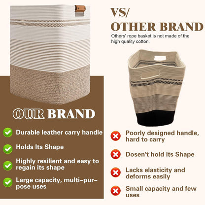 Laundry Hamper, 95L Tall Laundry Basket with Leather Handles, Rectangle Large Clothes Hamper for Organizing, Cotton Woven Laundry Baskets Storage Hampers for Bedroom, Nursery, Living Room