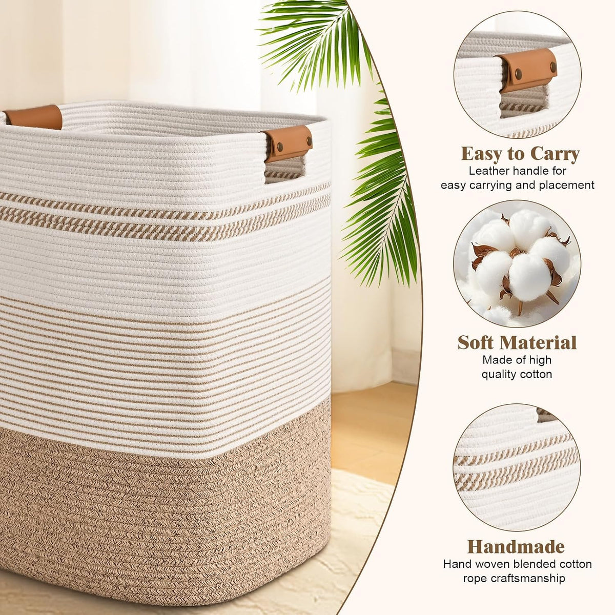 Laundry Hamper, 95L Tall Laundry Basket with Leather Handles, Rectangle Large Clothes Hamper for Organizing, Cotton Woven Laundry Baskets Storage Hampers for Bedroom, Nursery, Living Room