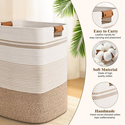 Laundry Hamper, 95L Tall Laundry Basket with Leather Handles, Rectangle Large Clothes Hamper for Organizing, Cotton Woven Laundry Baskets Storage Hampers for Bedroom, Nursery, Living Room