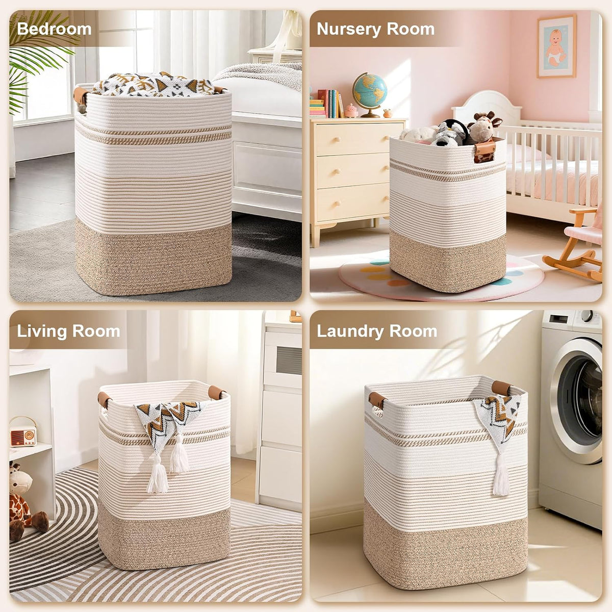 Laundry Hamper, 95L Tall Laundry Basket with Leather Handles, Rectangle Large Clothes Hamper for Organizing, Cotton Woven Laundry Baskets Storage Hampers for Bedroom, Nursery, Living Room