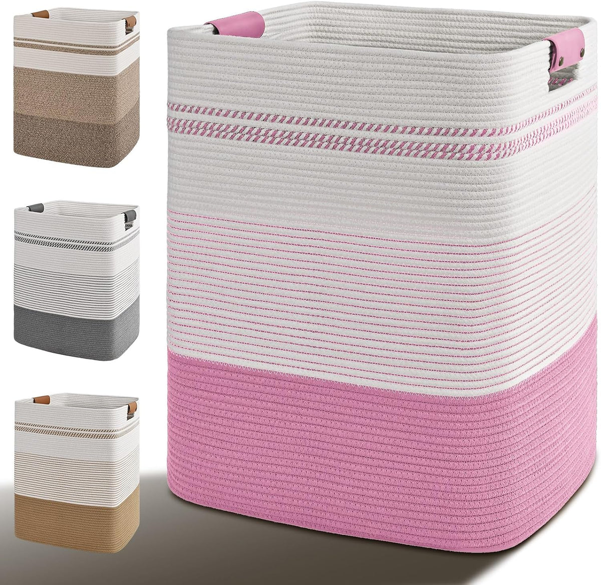 Laundry Hamper, 95L Tall Laundry Basket with Leather Handles, Rectangle Large Clothes Hamper for Organizing, Cotton Woven Laundry Baskets Storage Hampers for Bedroom, Nursery, Living Room