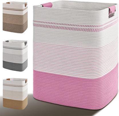 Laundry Hamper, 95L Tall Laundry Basket with Leather Handles, Rectangle Large Clothes Hamper for Organizing, Cotton Woven Laundry Baskets Storage Hampers for Bedroom, Nursery, Living Room