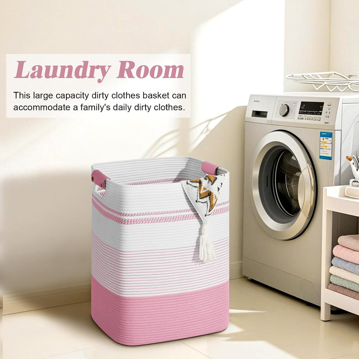 Laundry Hamper, 95L Tall Laundry Basket with Leather Handles, Rectangle Large Clothes Hamper for Organizing, Cotton Woven Laundry Baskets Storage Hampers for Bedroom, Nursery, Living Room